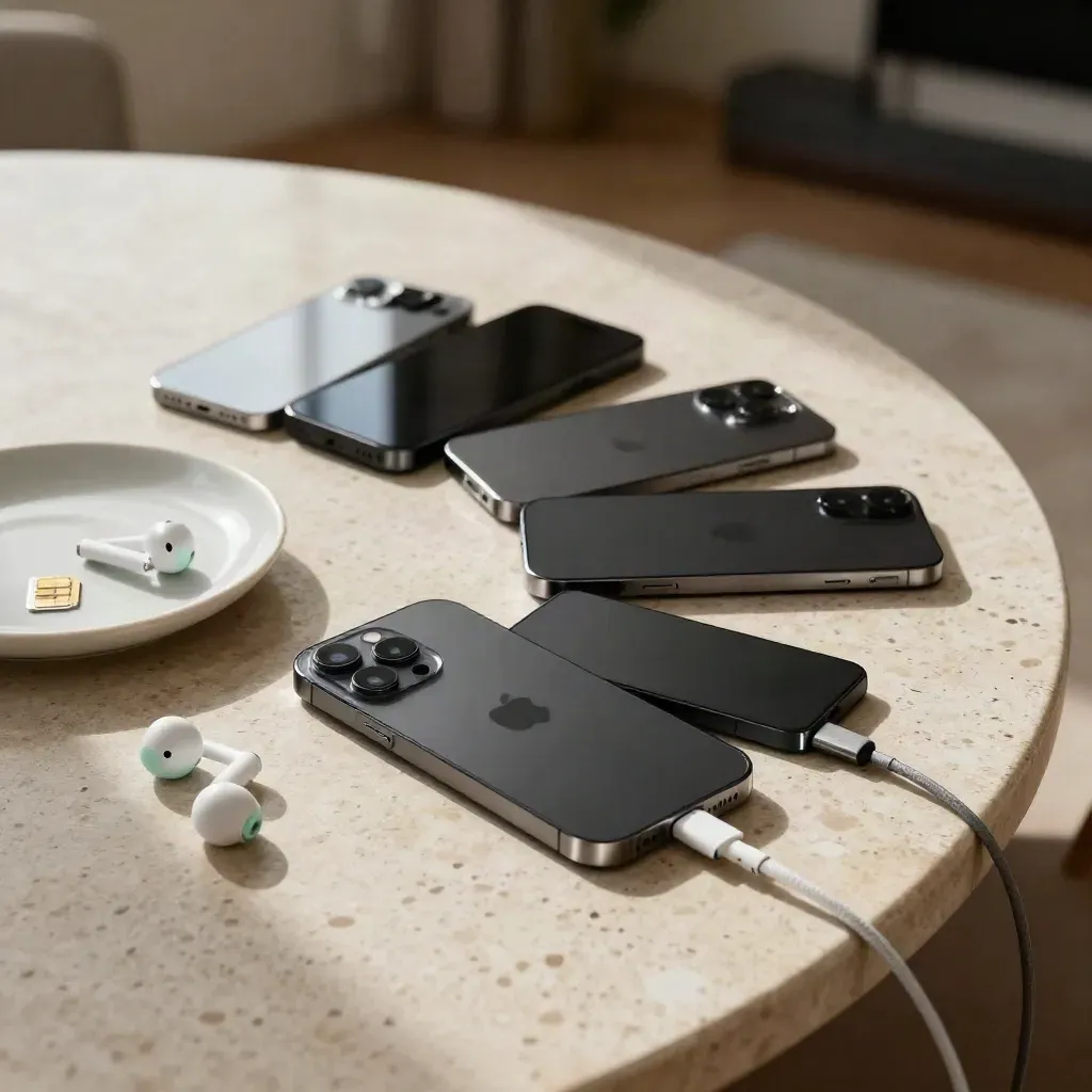Quattro smartphone in carica con vassoio SIM e auricolari su tavolo di travertino.