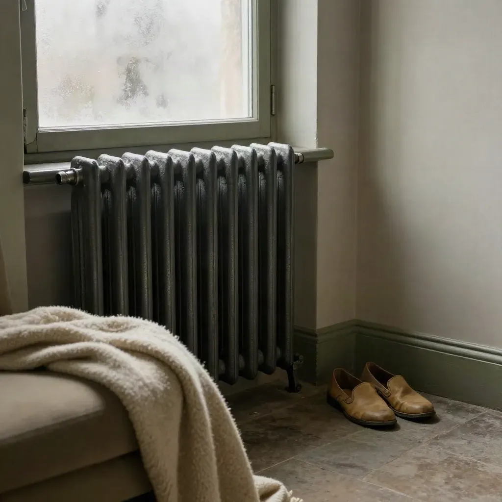 Radiatore in ghisa che scalda un soggiorno italiano, vetro appannato e scarpe allineate