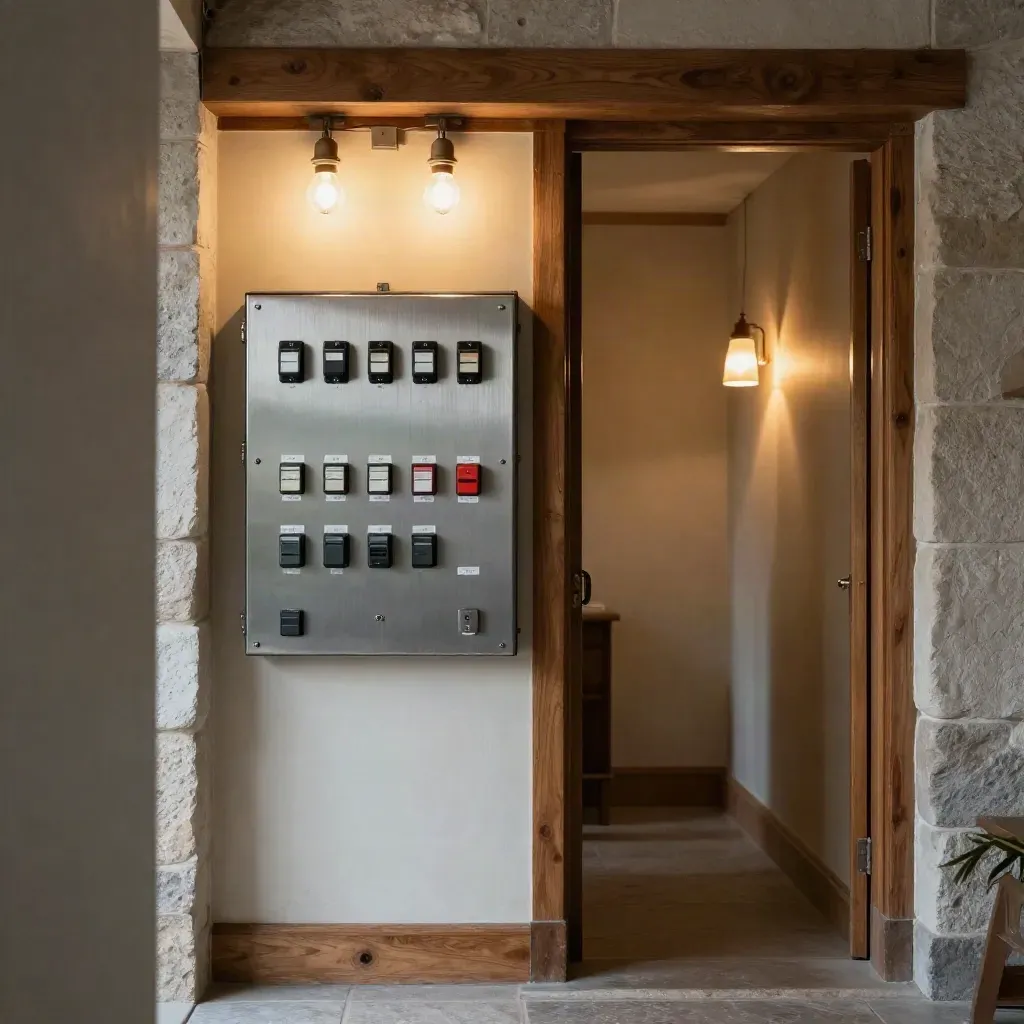Ingresso in pietra con quadro elettrico pulito e lampade accese al crepuscolo.