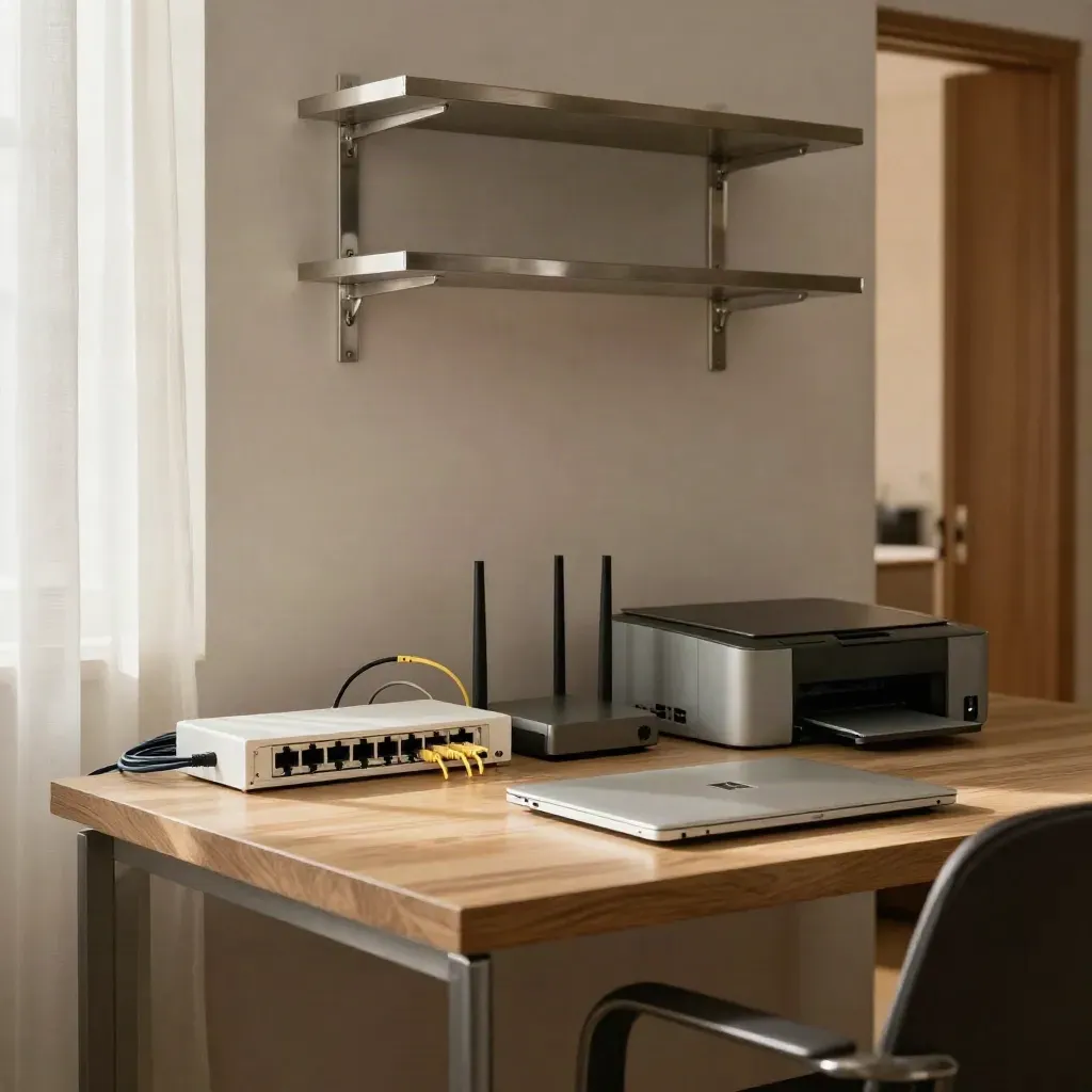 Mini rack ufficio con router, switch, laptop chiuso e stampante, illuminati da luce mattutina