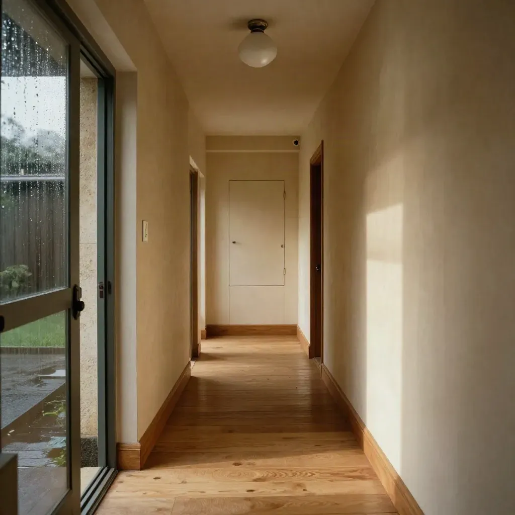 Corridoio di casa con lampada a soffitto, quadro elettrico chiuso e luce stabile dopo la pioggia.