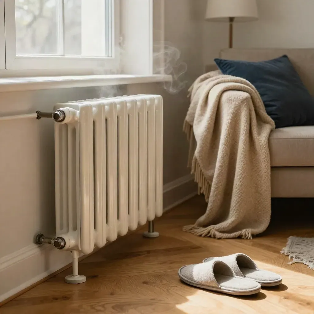 Radiatore acceso, coperta di lana e pantofole vicino a tubi a vista, con finestra appannata.