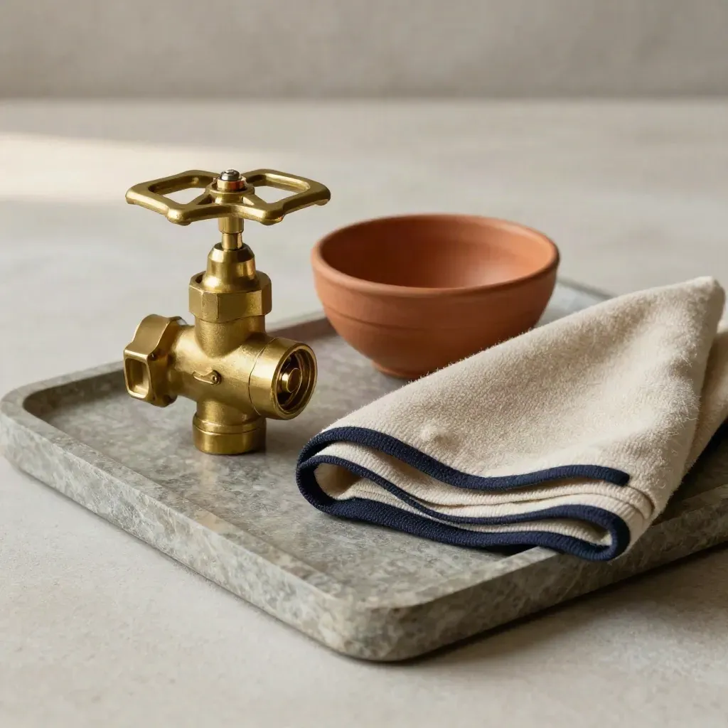 Valvola del gas in ottone, tubo rigido, ciotola in terracotta e panno di lana su vassoio in pietra.