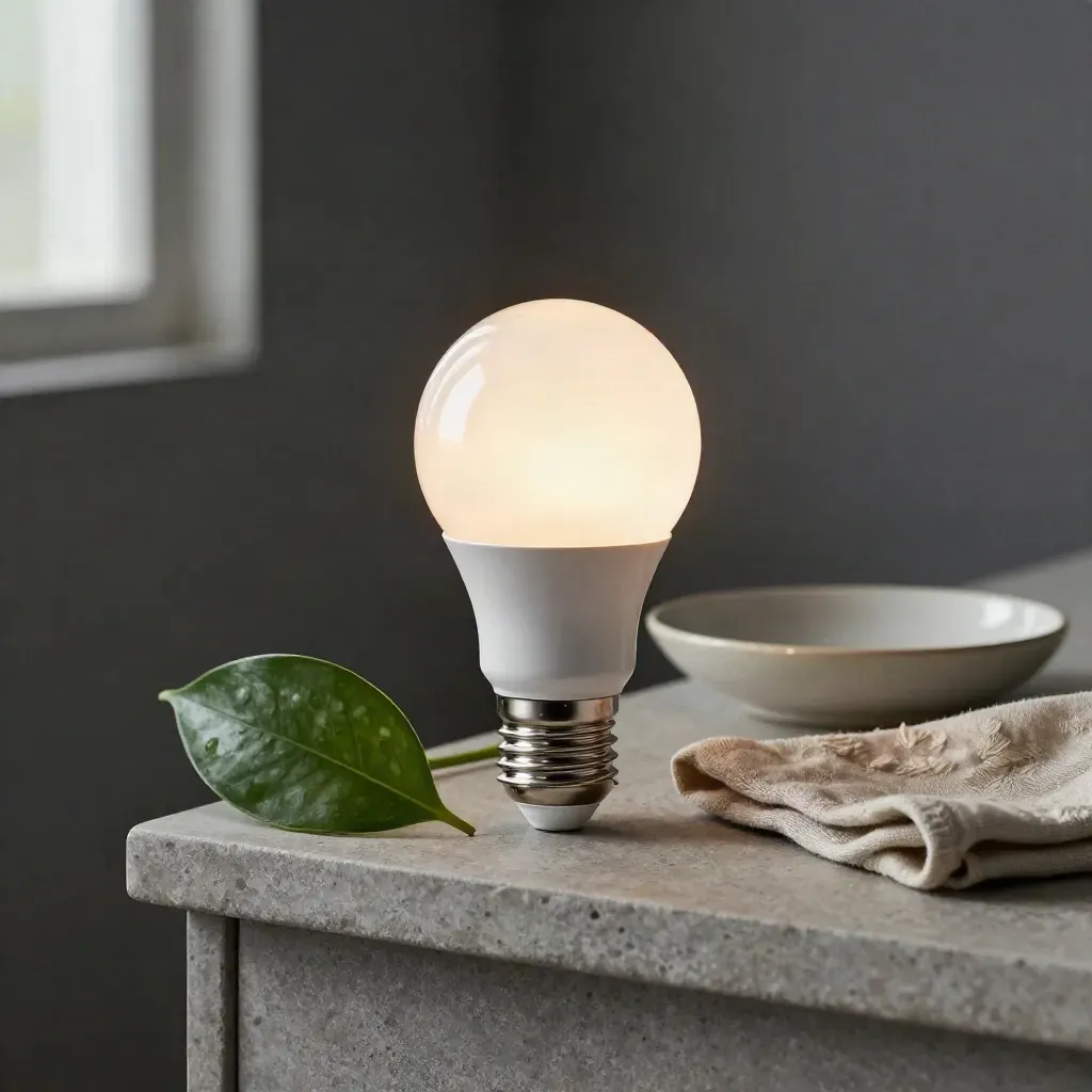 Lampadina LED accesa su portalampada in ceramica con pothos, panno piegato e piattino smaltato.