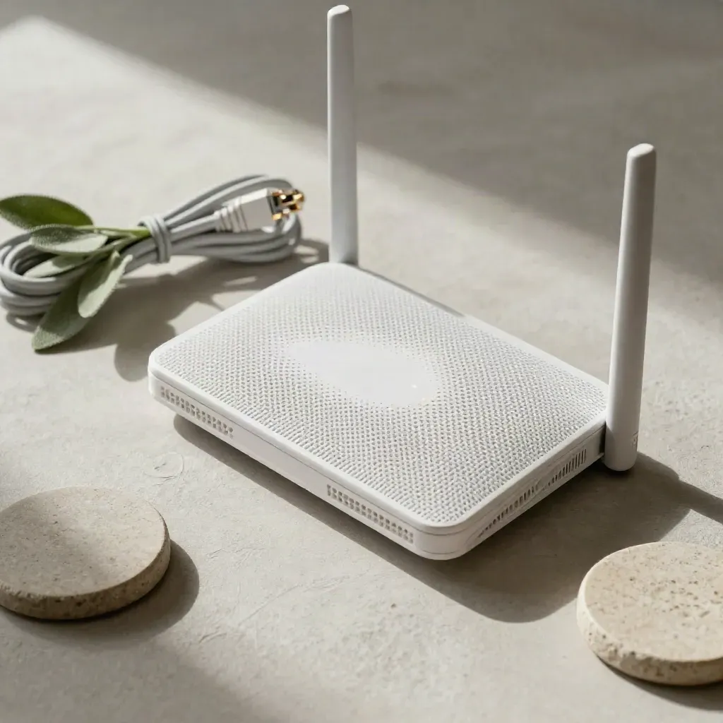 Router mesh bianco con cavo Ethernet, piantina e sottobicchiere su plaster grigio chiaro.