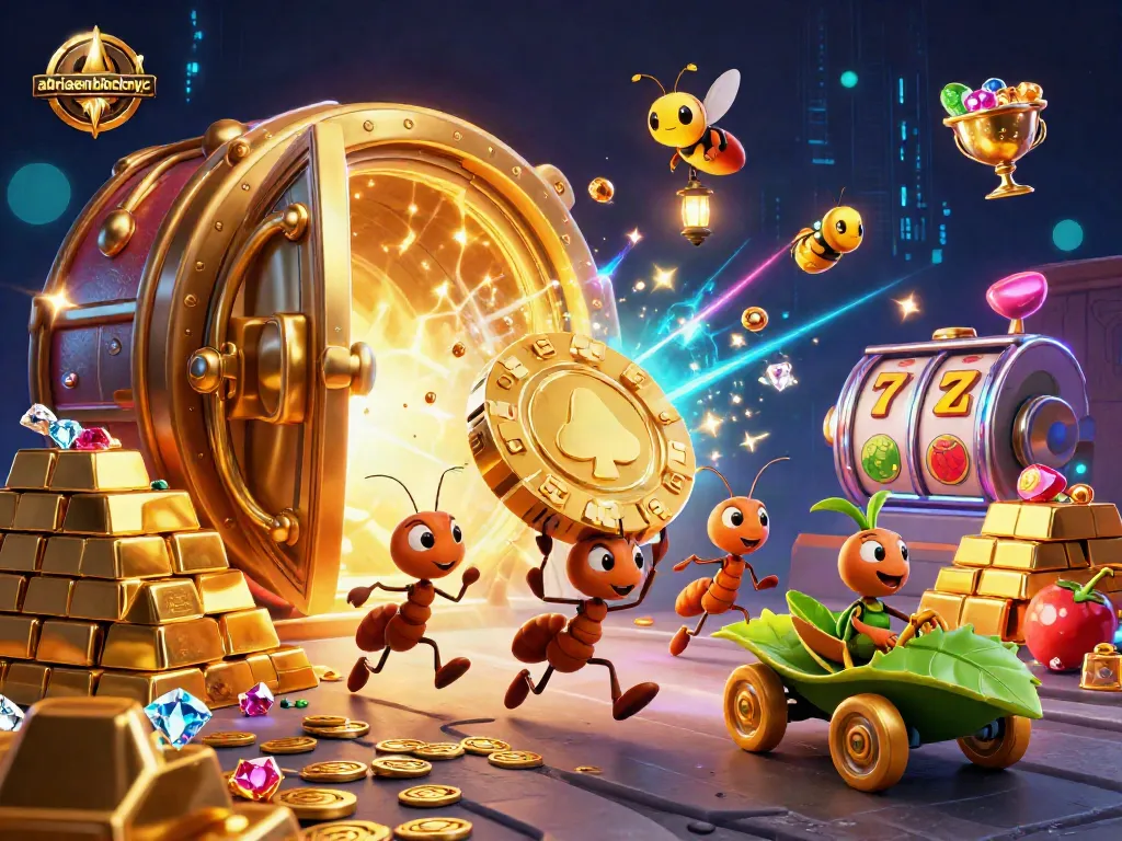 Engaging scene with adriaenblocknyc ants stealing a giant poker chip amid casino treasures.